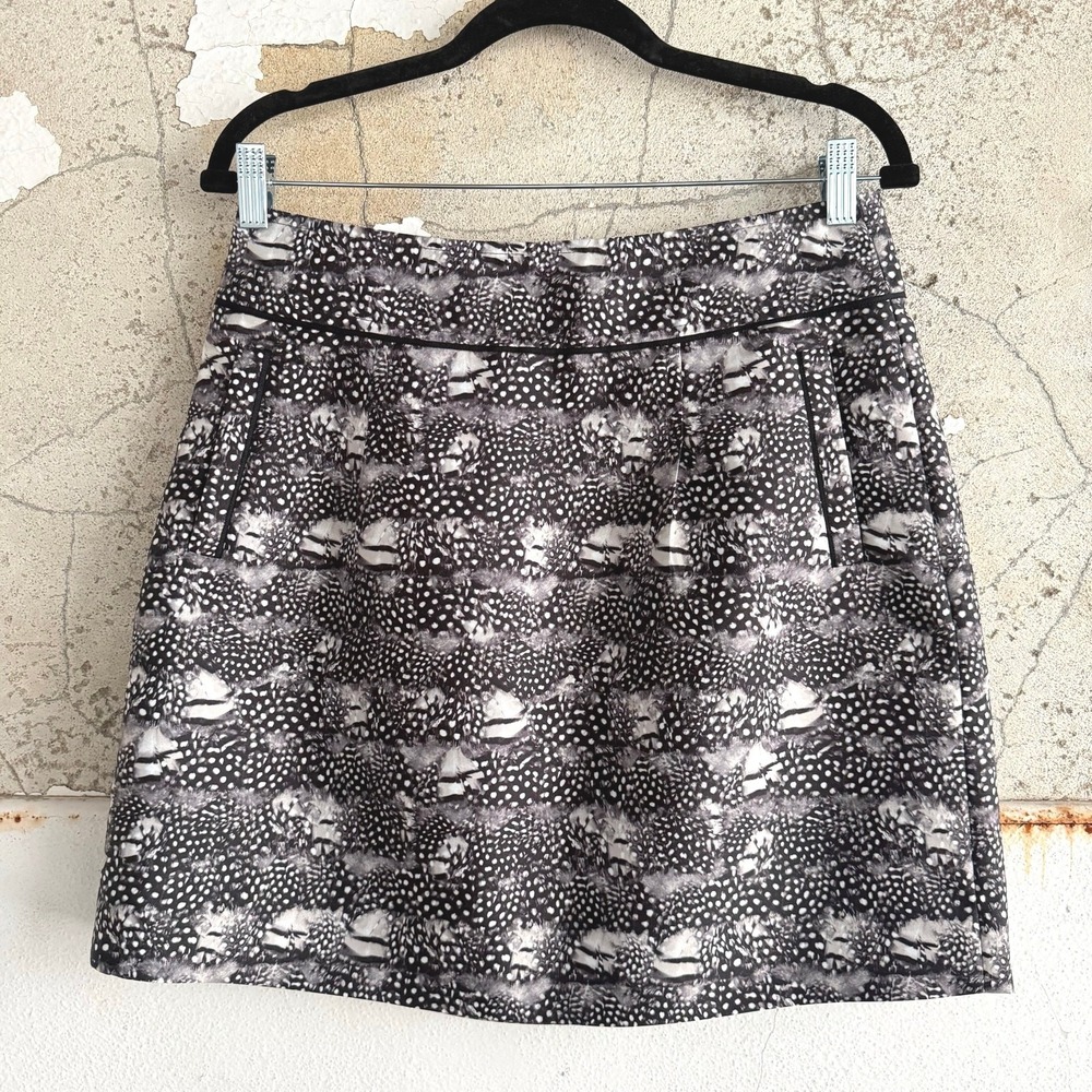 J Crew Mini Skirt Feather Print A Line Black White Guinea Fowl Pattern Womens 8